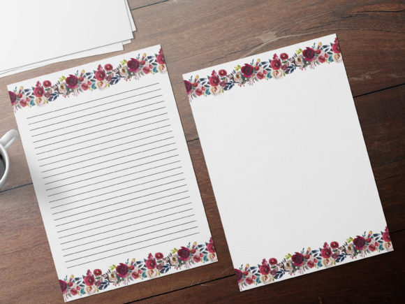 Burgundy Border Floral Stationary and Print Templates