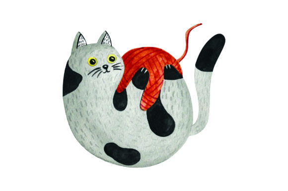 Cat Playing with Ball of Yarn -watercolor