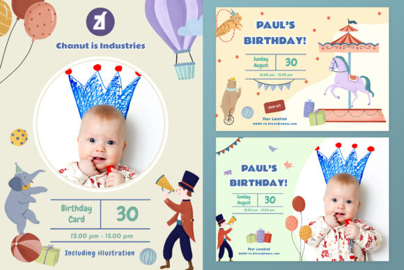 Circus Theme Birthday Invitation Card and Print Templates