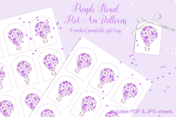 Purple Floral Hot Air Balloons Tags Set