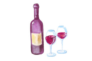 Wine Bottle with Full Glasses in Watercolor Style