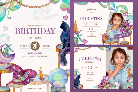 Witch Theme Birthday Invitation Card and Print Templates